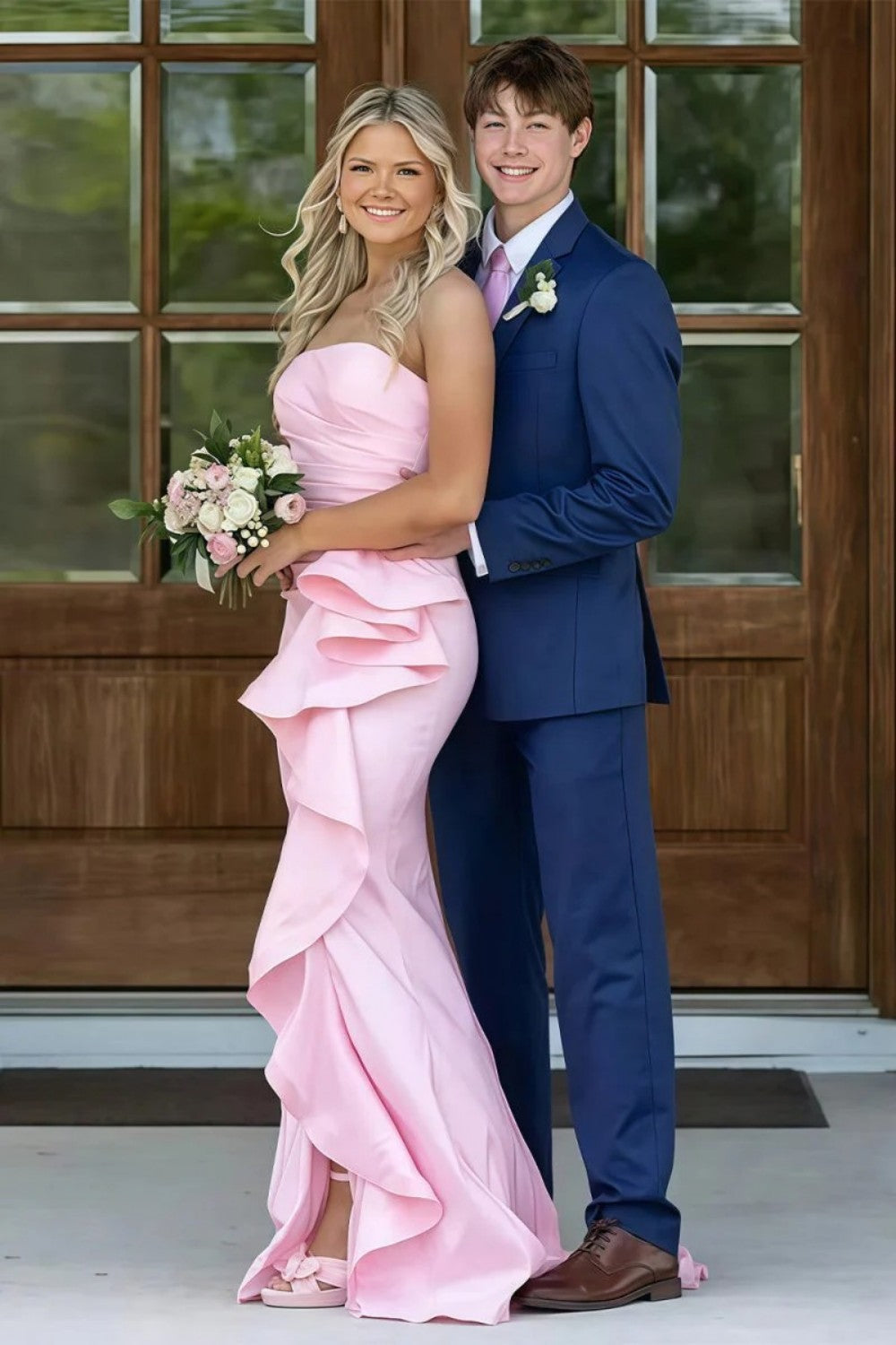 Dreamy Mermaid Strapless Pink Long Prom Dress with Train