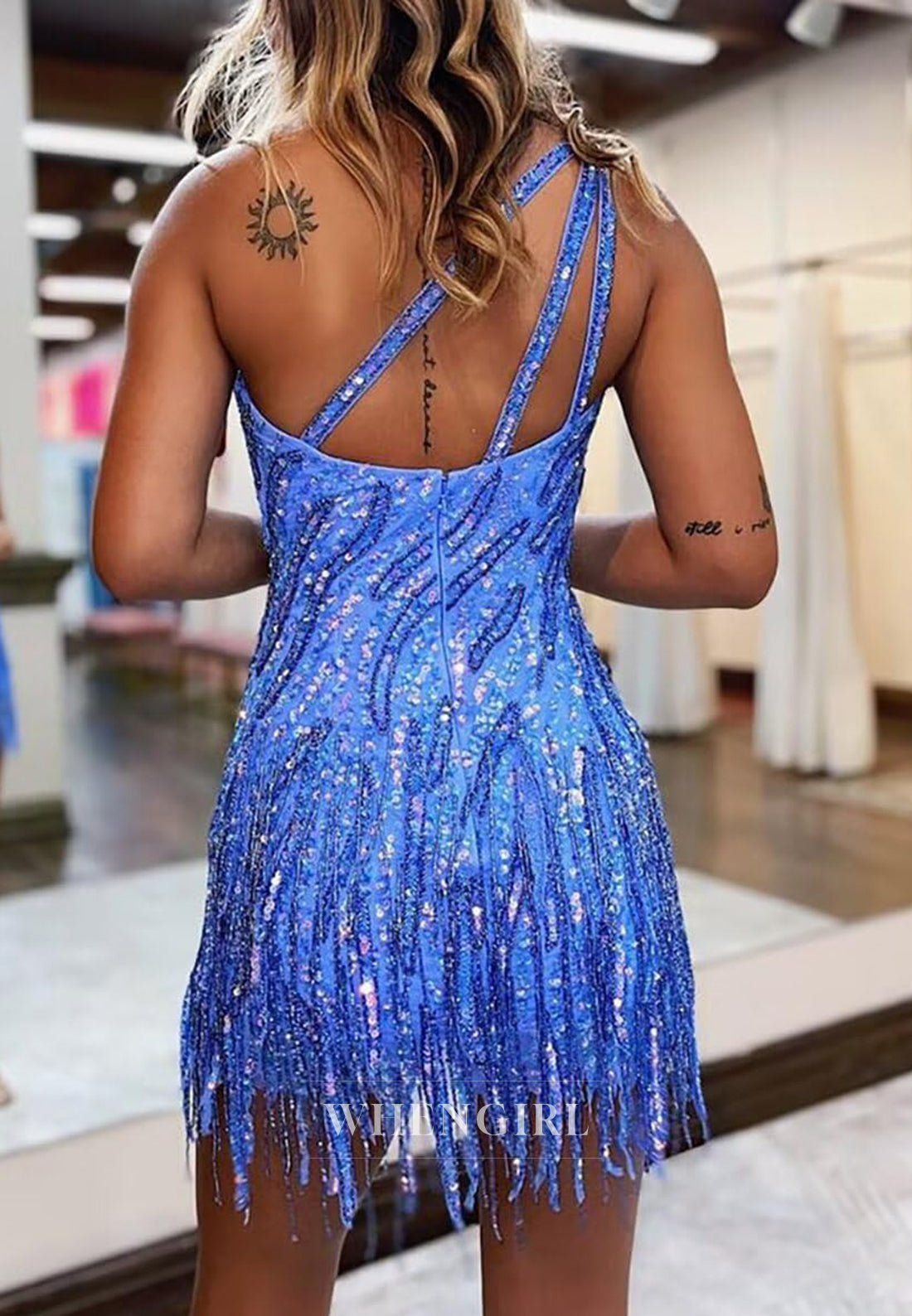 One Shoudler Sequins Beading Sheath Tassels Short Homecoming Dress