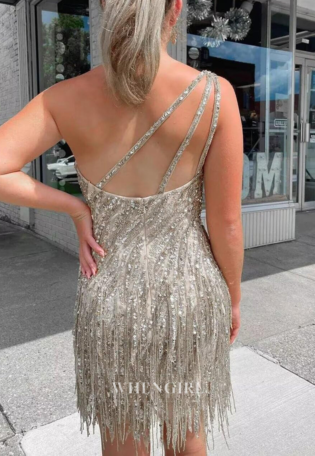 One Shoudler Sequins Beading Sheath Tassels Short Homecoming Dress