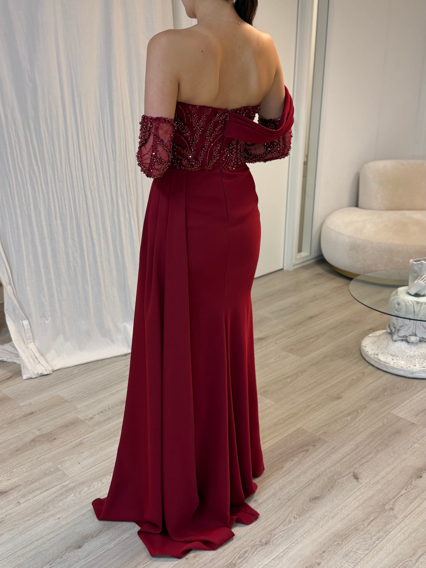 Burgundy Off Shoulder Pleated Sheath Evening Formal Dress