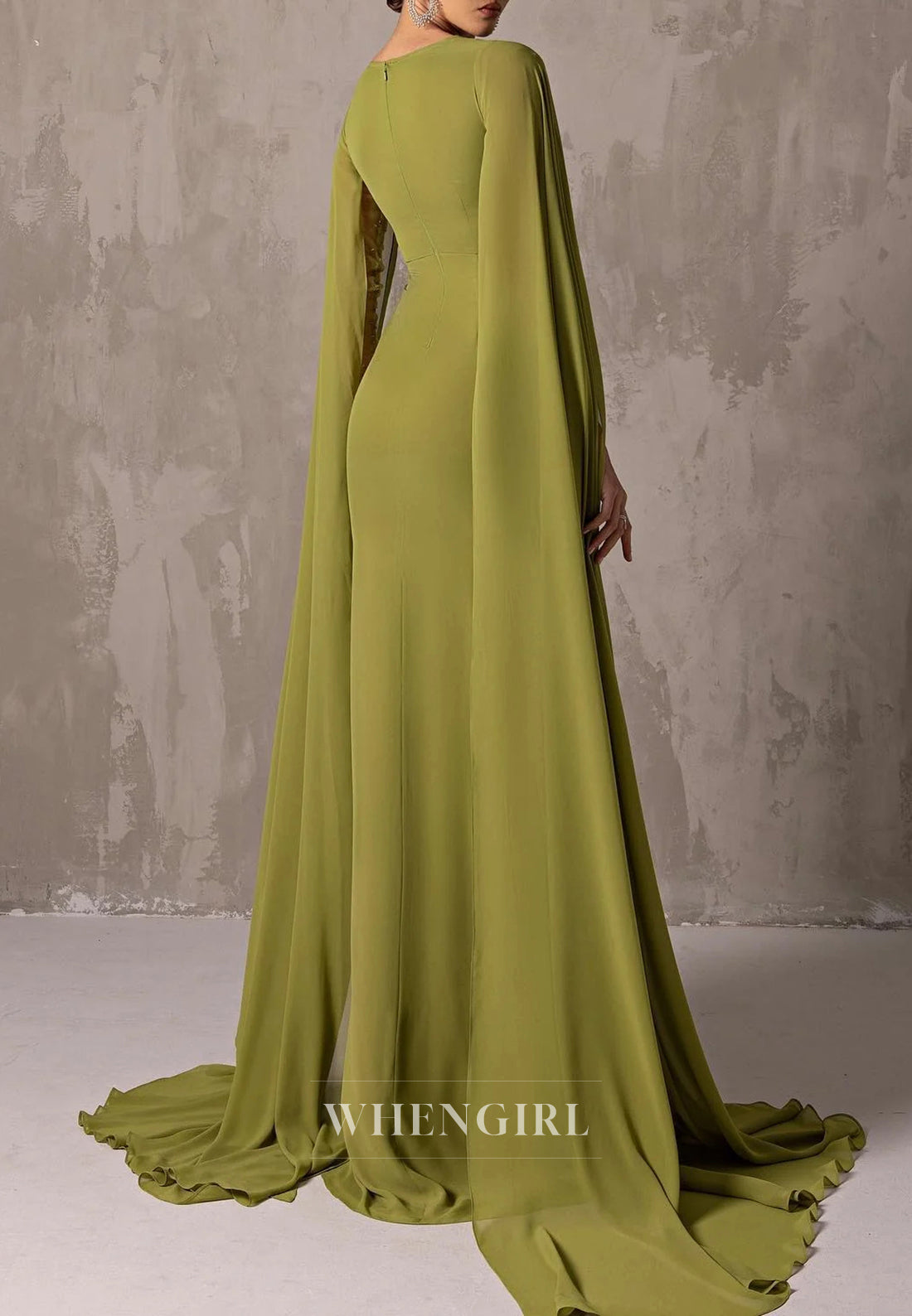 Asymmetrical Neck Long Bell Sleeves Pleated Column Formal Evening Dress