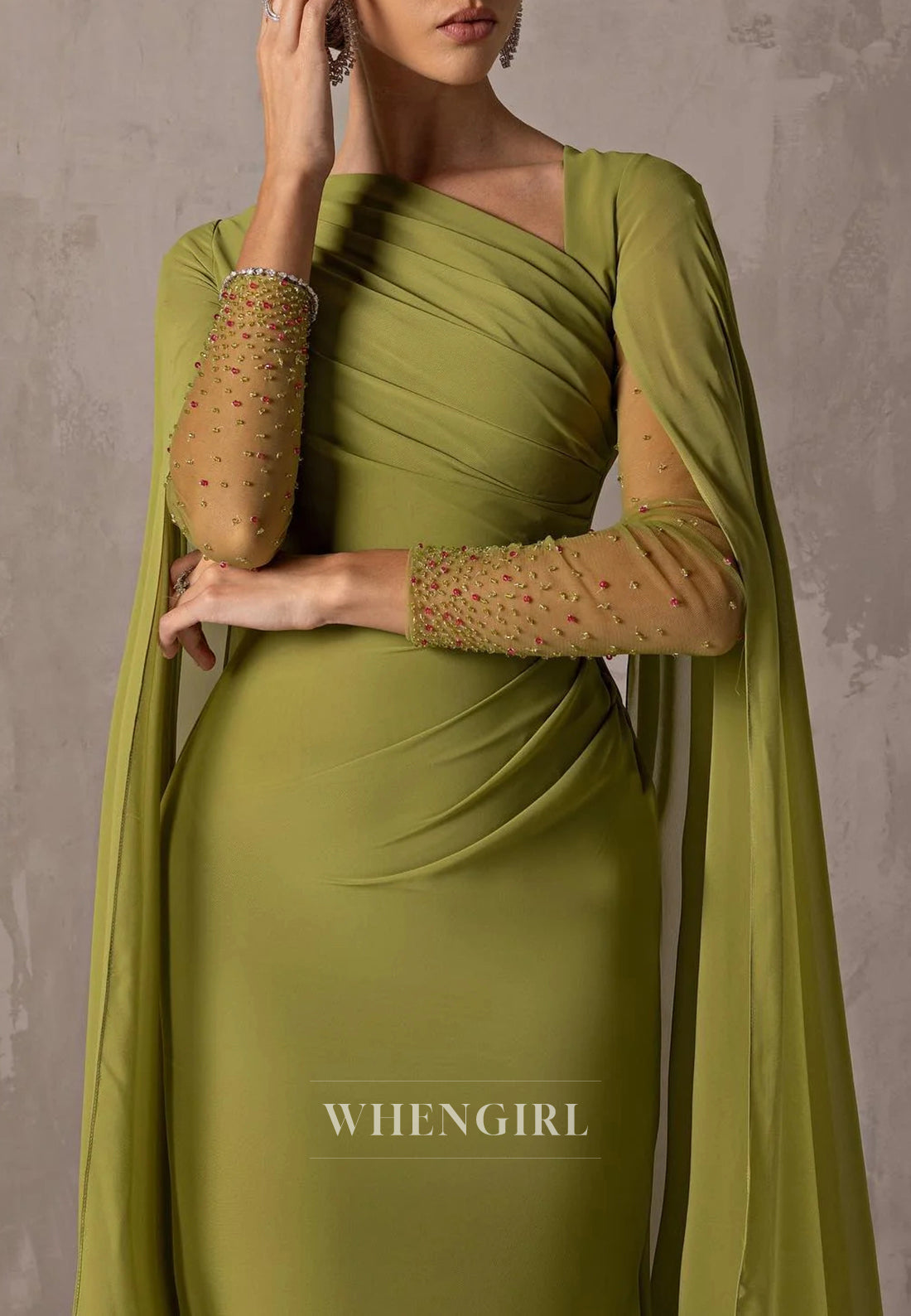 Asymmetrical Neck Long Bell Sleeves Pleated Column Formal Evening Dress