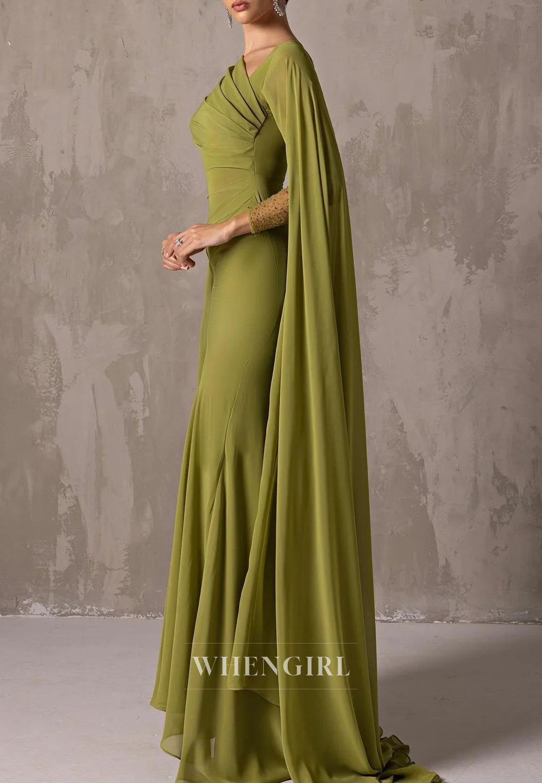 Asymmetrical Neck Long Bell Sleeves Pleated Column Formal Evening Dress