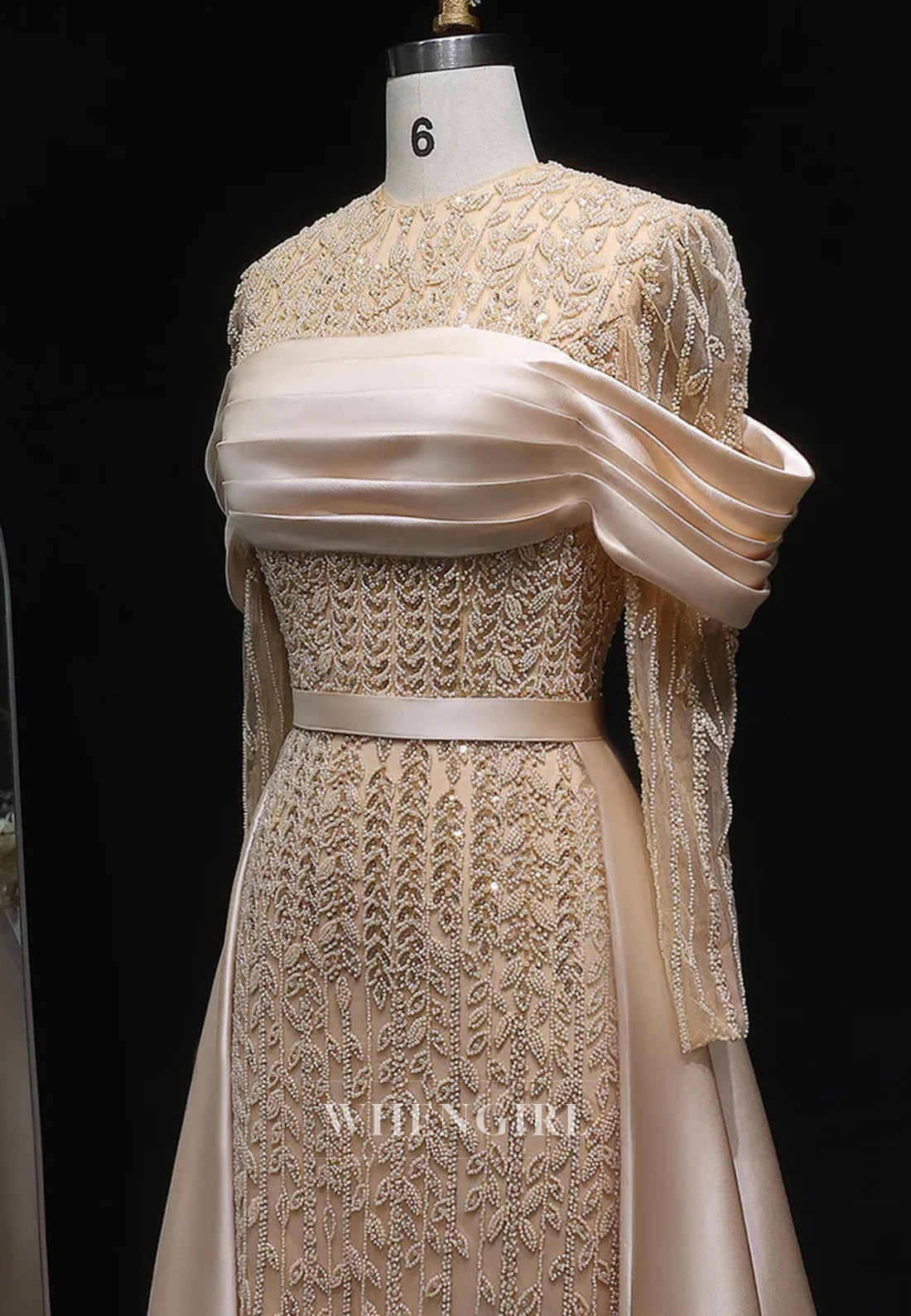 Champagne Bateau Neck Long Sleeves Pleated Evening Formal Dress with Train
