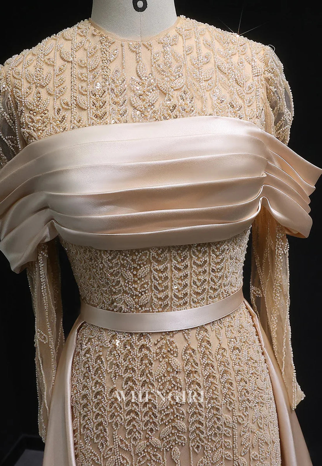 Champagne Bateau Neck Long Sleeves Pleated Evening Formal Dress with Train