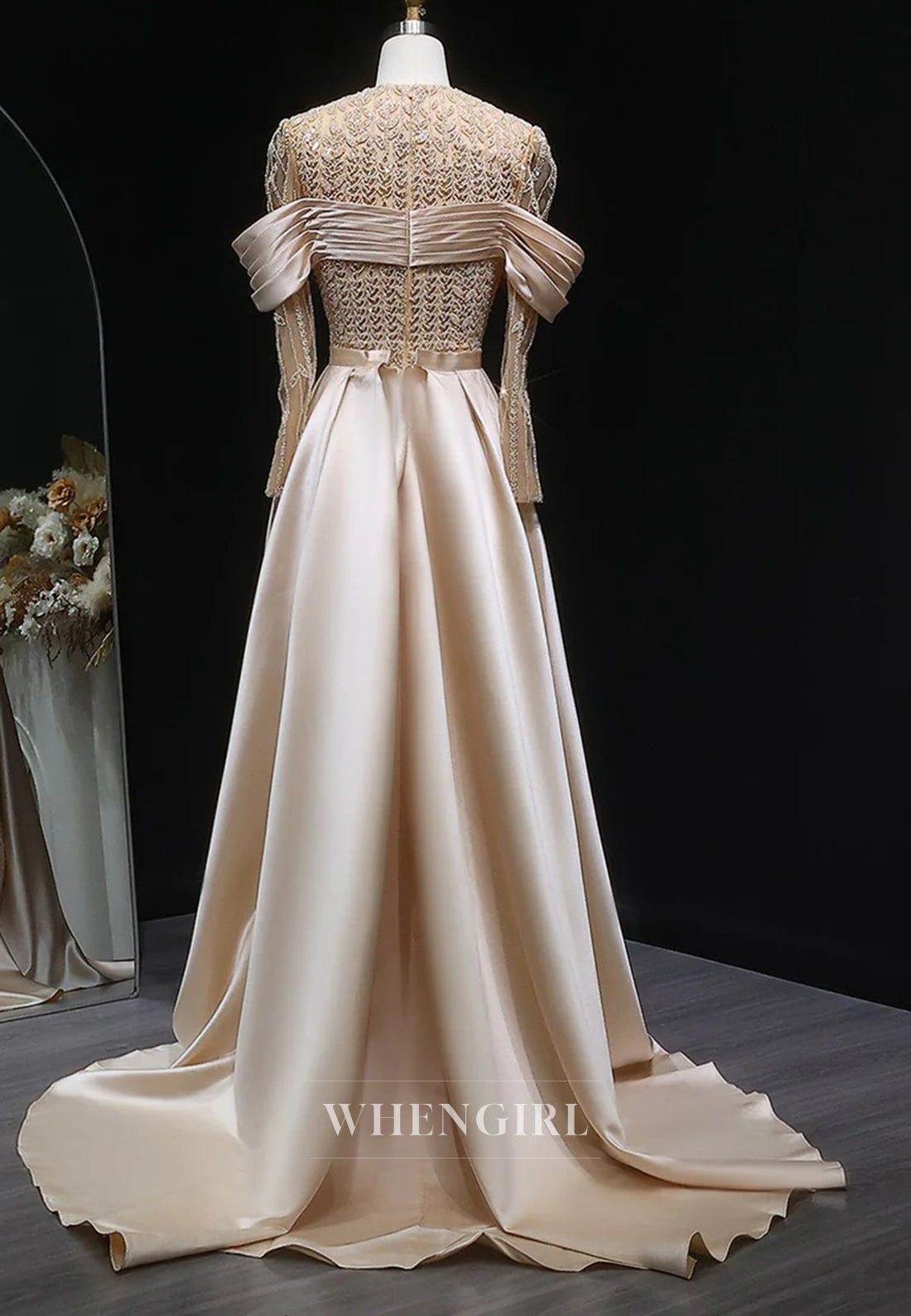 Champagne Bateau Neck Long Sleeves Pleated Evening Formal Dress with Train