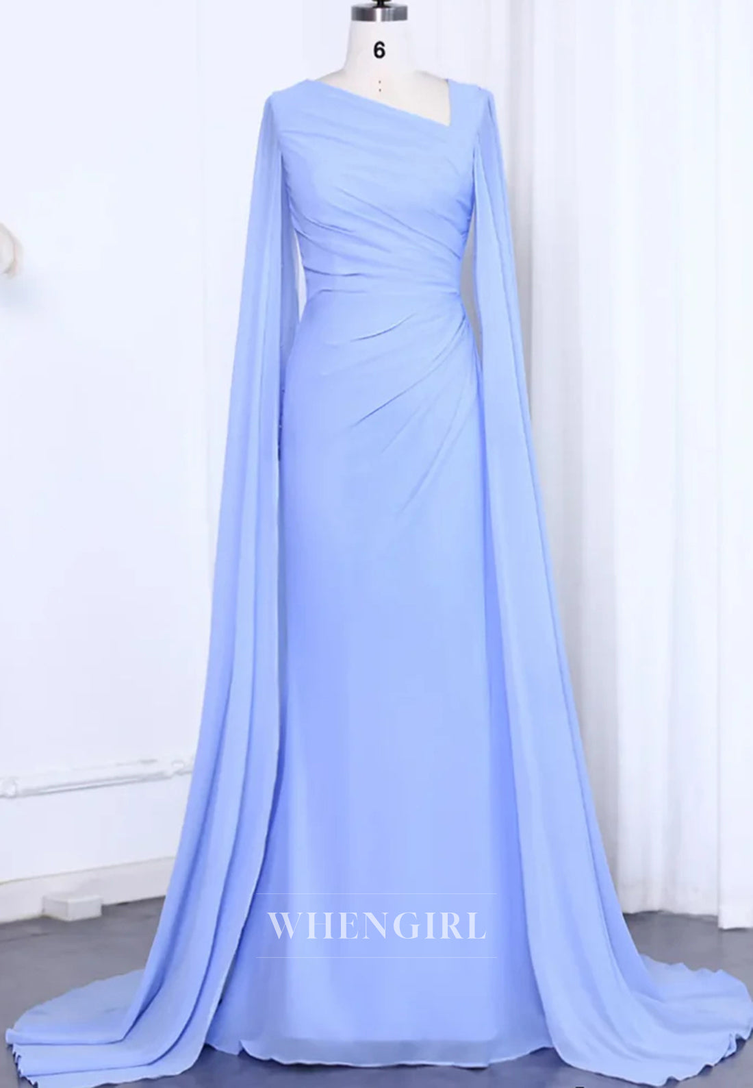 Asymmetrical Neck Long Bell Sleeves Pleated Column Formal Evening Dress