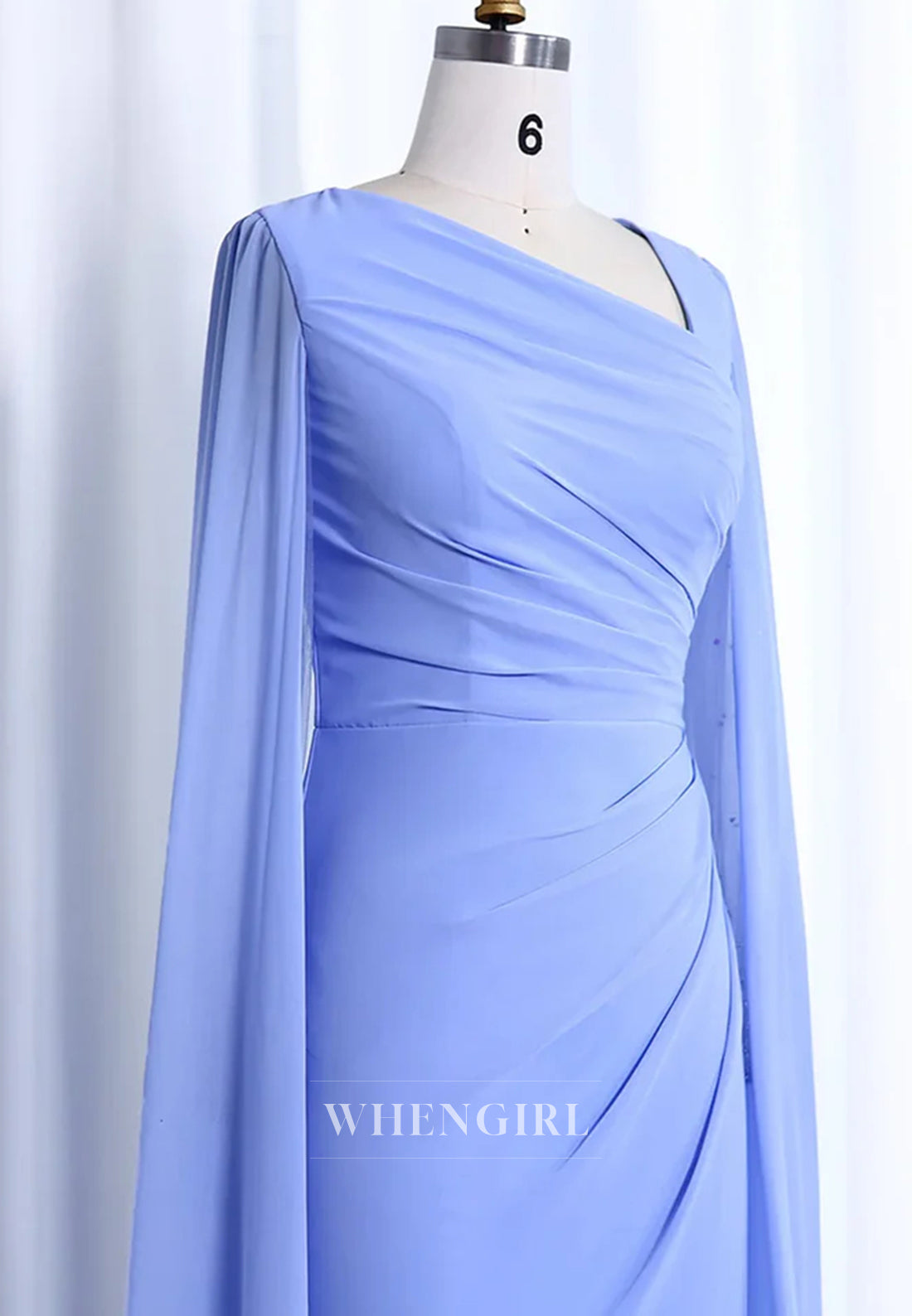Asymmetrical Neck Long Bell Sleeves Pleated Column Formal Evening Dress