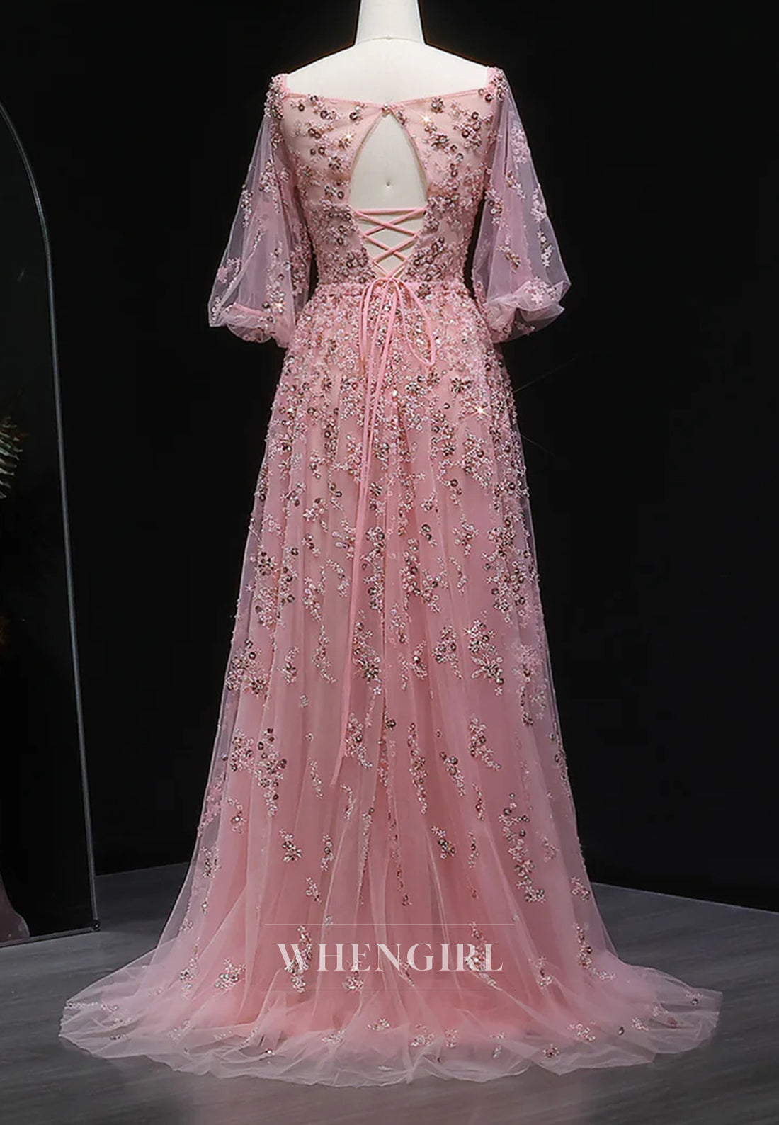 Pink Elegant Beaded A-Line Off Off Shoulder Long Sleeves Beaded Lace Up Formal Evening Dress