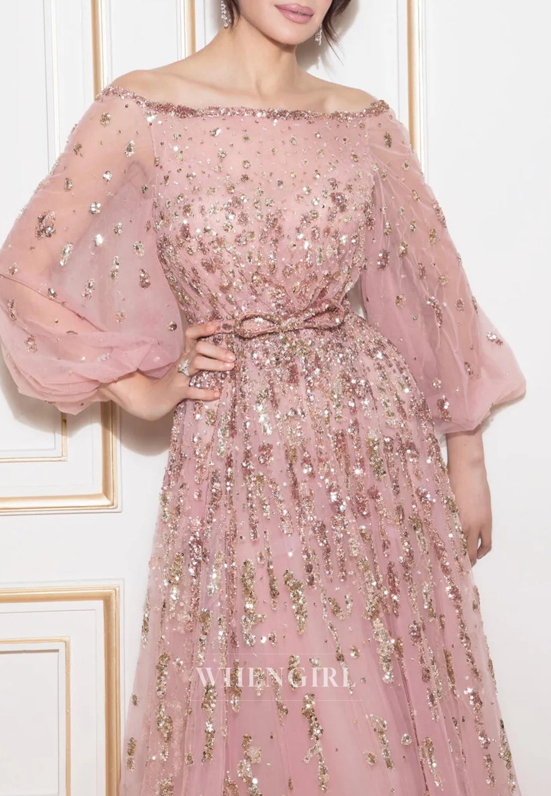 Pink Elegant Beaded A-Line Off Off Shoulder Long Sleeves Beaded Lace Up Formal Evening Dress