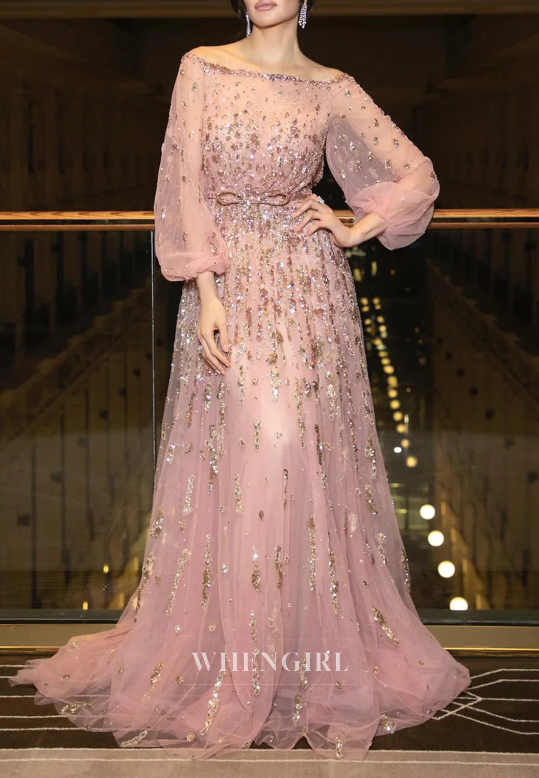 Pink Elegant Beaded A-Line Off Off Shoulder Long Sleeves Beaded Lace Up Formal Evening Dress