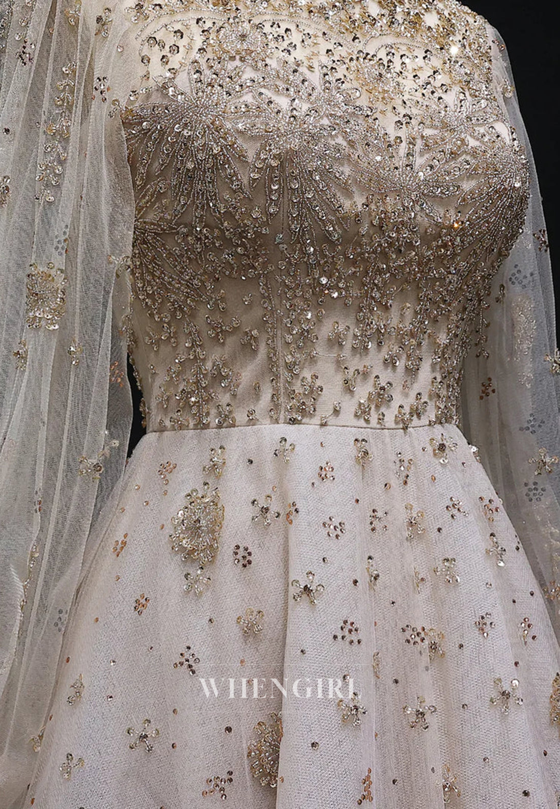 Champagne High Neck Long Sleeves Beaded A-Line Evening Formal Dress