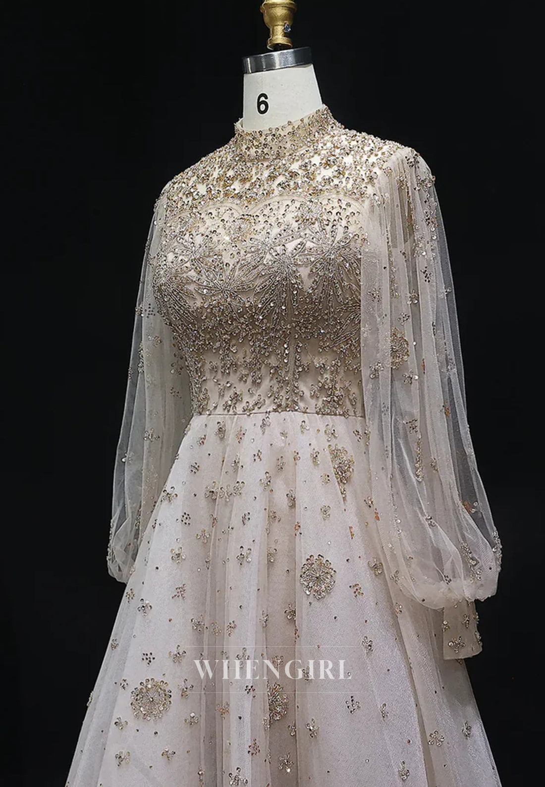 Champagne High Neck Long Sleeves Beaded A-Line Evening Formal Dress
