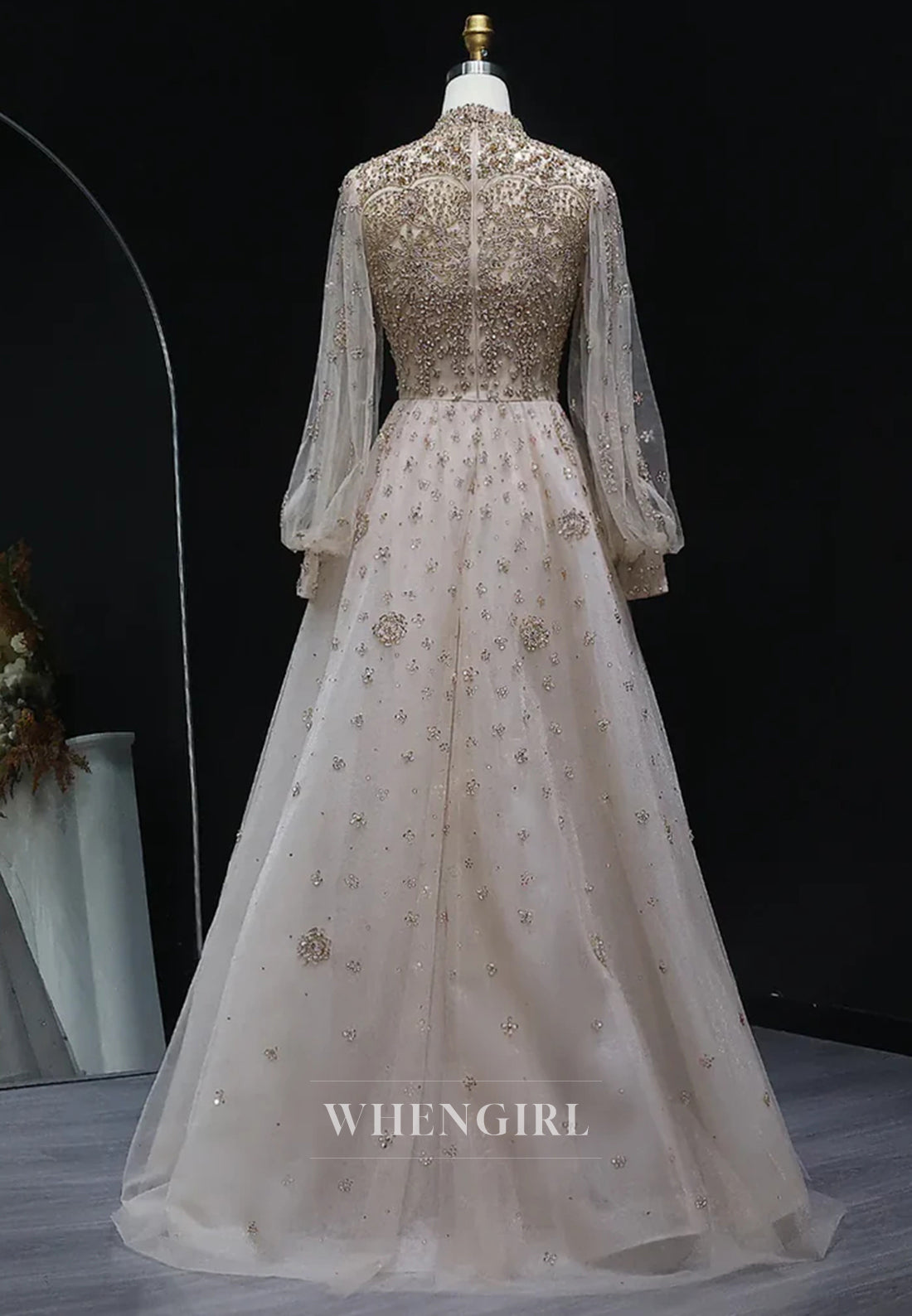 Champagne High Neck Long Sleeves Beaded A-Line Evening Formal Dress
