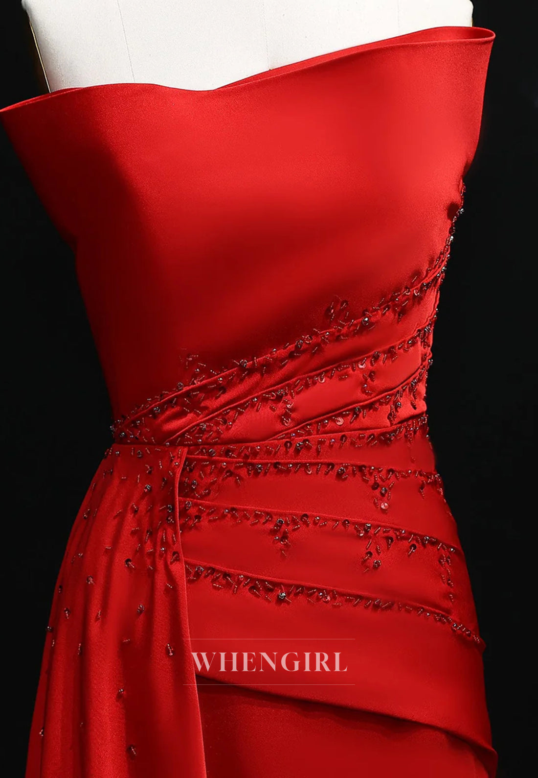 Red Sheath Strapless Pleated Beaded Sleeveless Side Train Evening Formal Dress