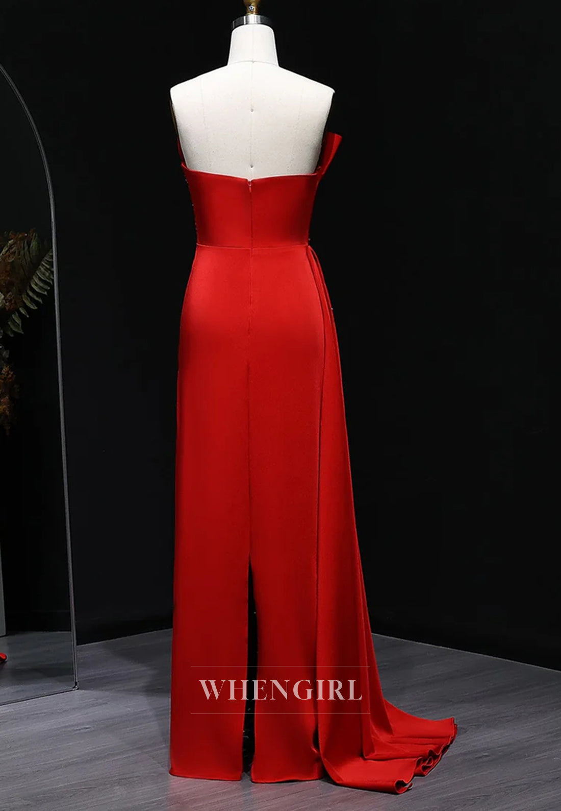 Red Sheath Strapless Pleated Beaded Sleeveless Side Train Evening Formal Dress