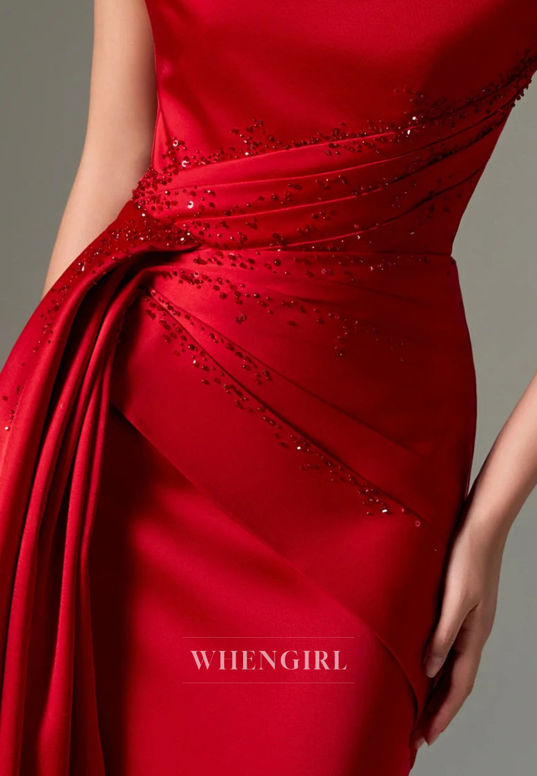 Red Sheath Strapless Pleated Beaded Sleeveless Side Train Evening Formal Dress