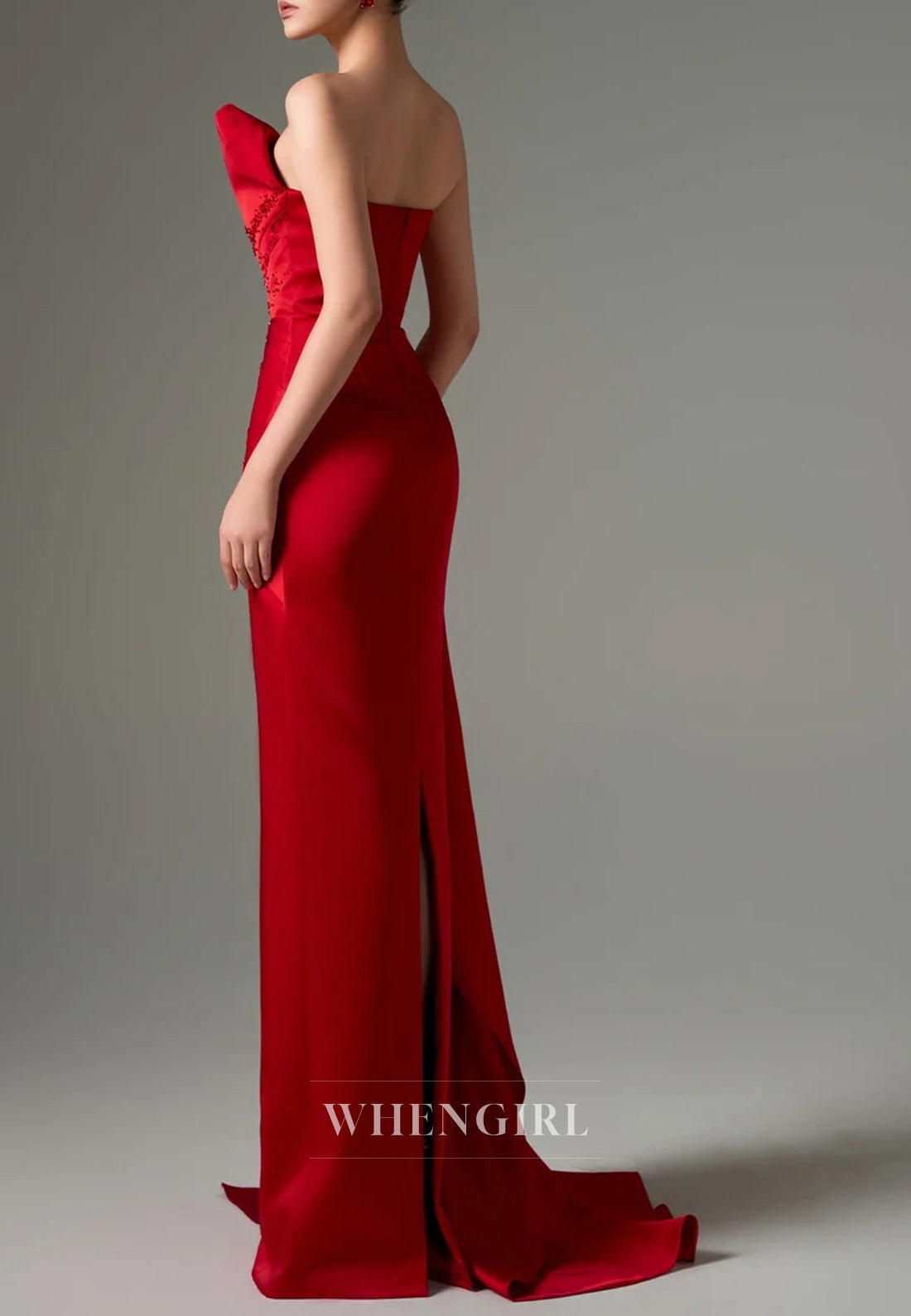 Red Sheath Strapless Pleated Beaded Sleeveless Side Train Evening Formal Dress