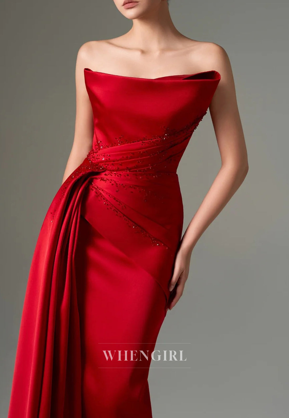 Red Sheath Strapless Pleated Beaded Sleeveless Side Train Evening Formal Dress