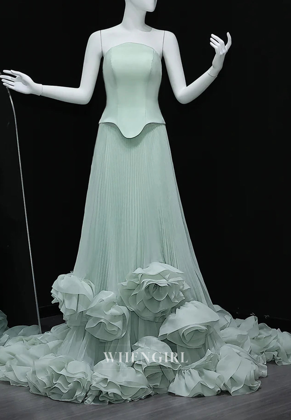 A-Line Tube Top 3D Flower Pleated Court Train Evening Formal Dress