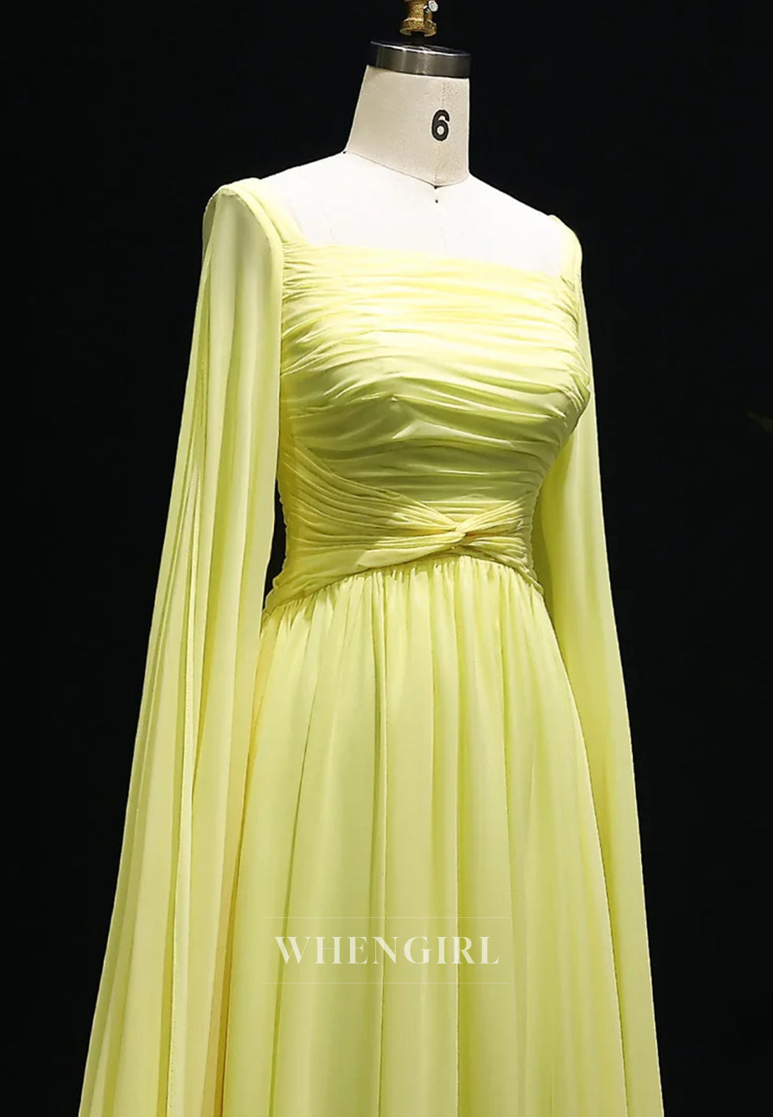 A-line Square Neck Long Sleeves Back Zipper Pleated Chiffon Evening Formal Dress