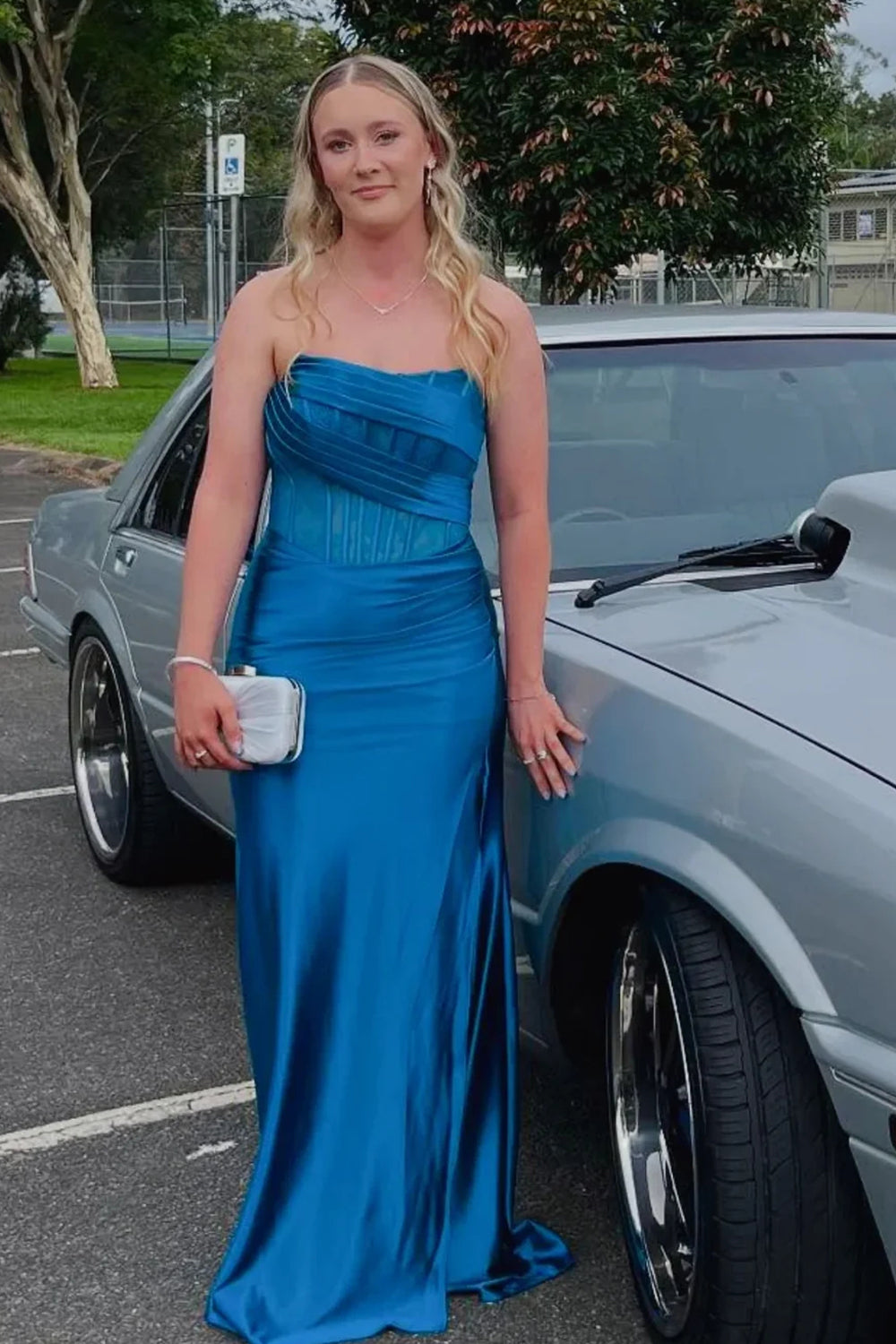 Fashion Satin Lace Gold Sparkly Strapless Mermaid Prom Dress