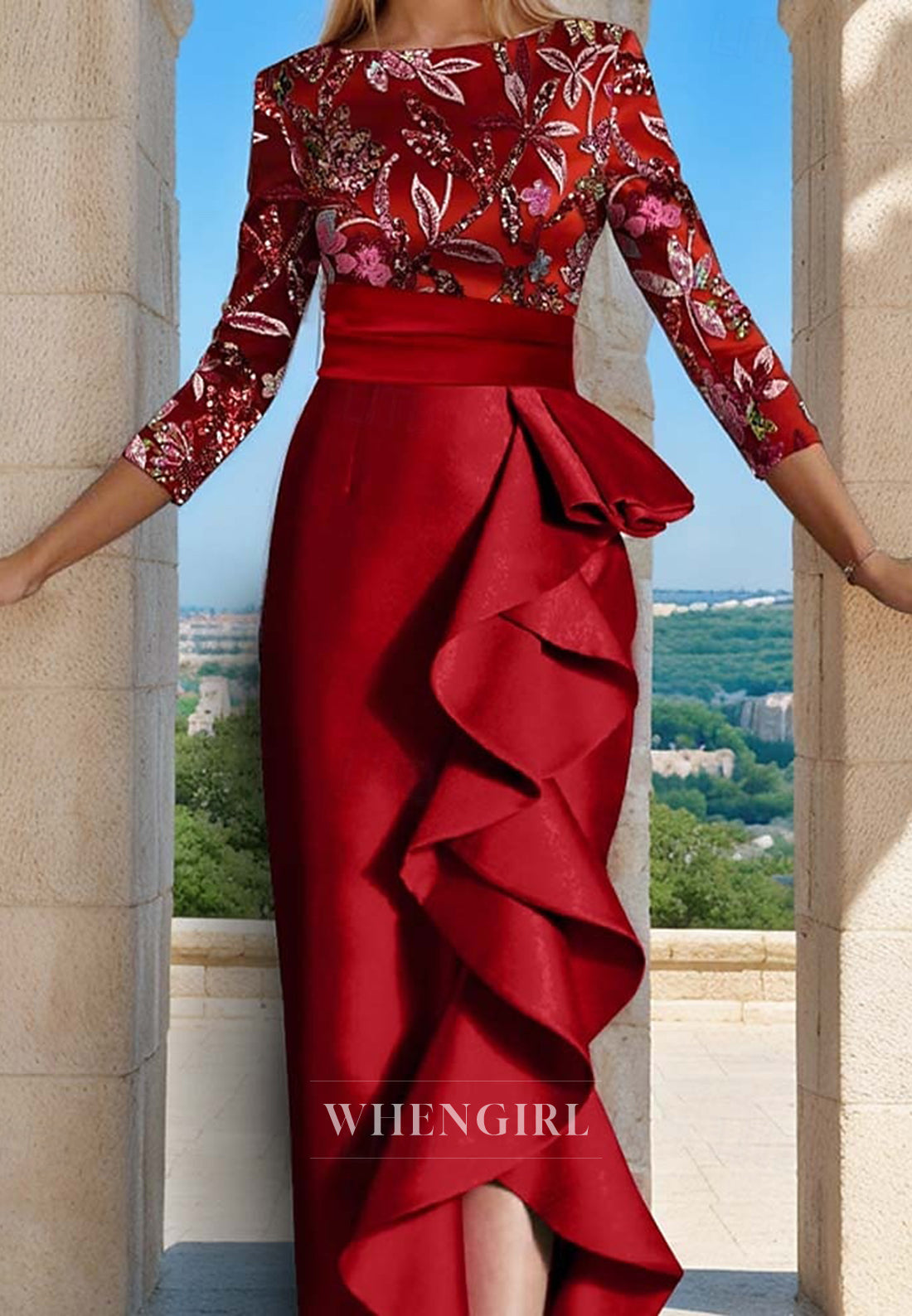 Mermaid 3/4 Sleeves Bateau Neck Embroidery Ruffles Back Zipper Mother of the Bride Dress