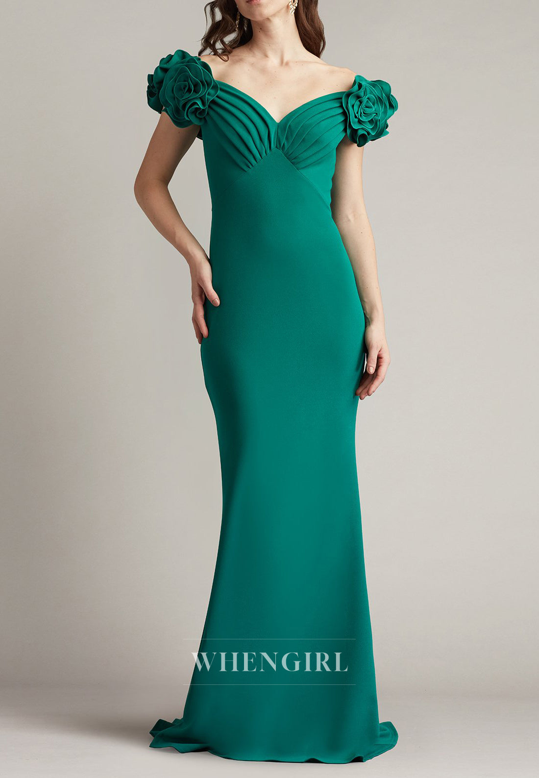 Hunter Green V Neck 3D Flowers Back Zipper Cap Sleeves Mermaid Mother of the Bride Dress
