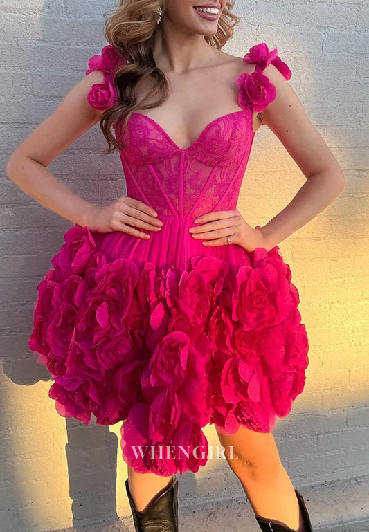Off Shoulder Sleeveless A-Line Short Corset Homecoming Dress with 3D Flowers