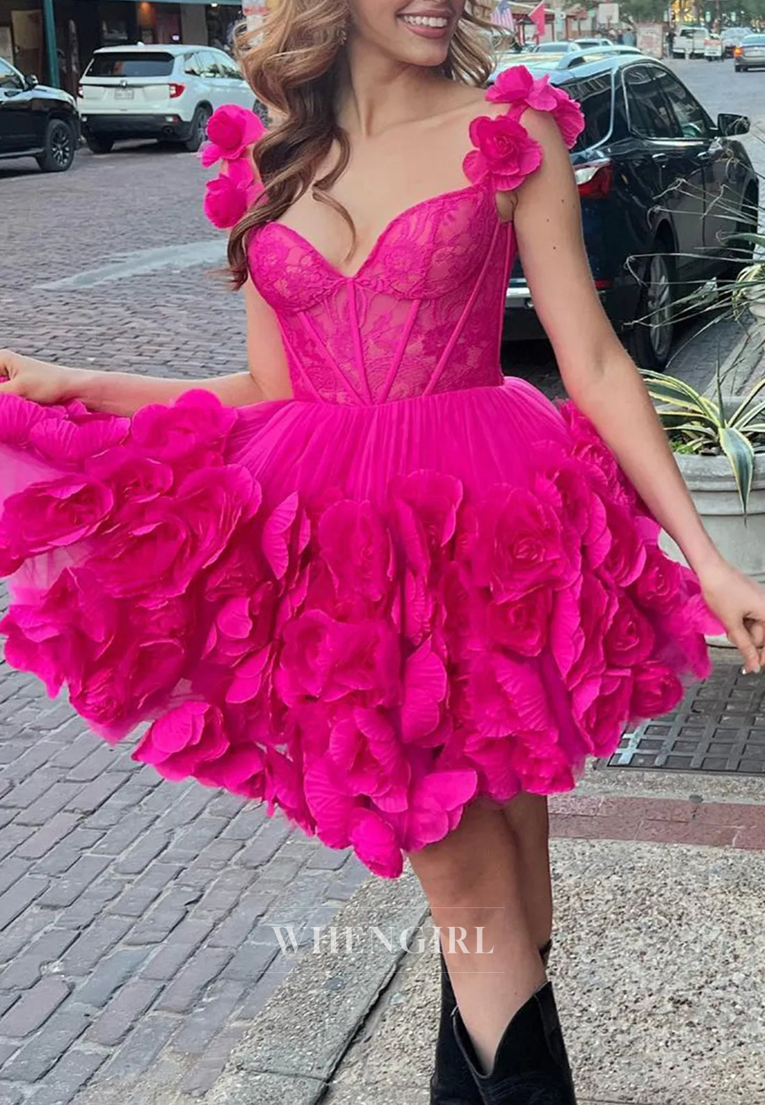 Off Shoulder Sleeveless A-Line Short Corset Homecoming Dress with 3D Flowers