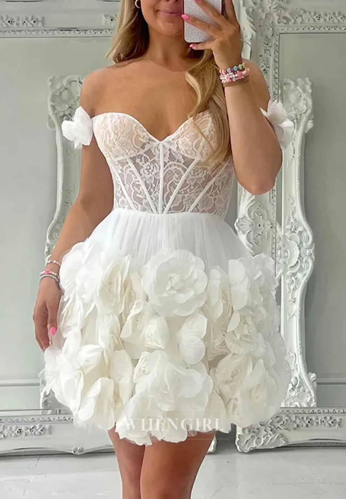 Off Shoulder Sleeveless A-Line Short Corset Homecoming Dress with 3D Flowers