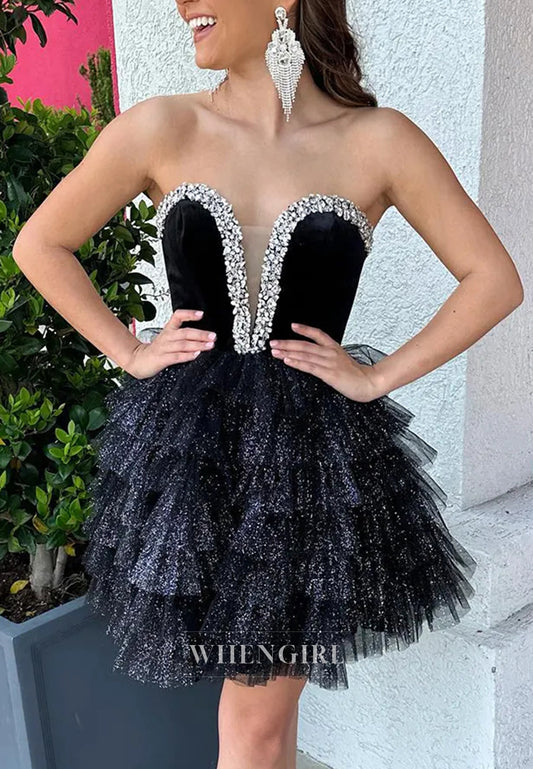 Black A-Line V Neck Sleeveless Multi Tiered Short Homecoming Dress