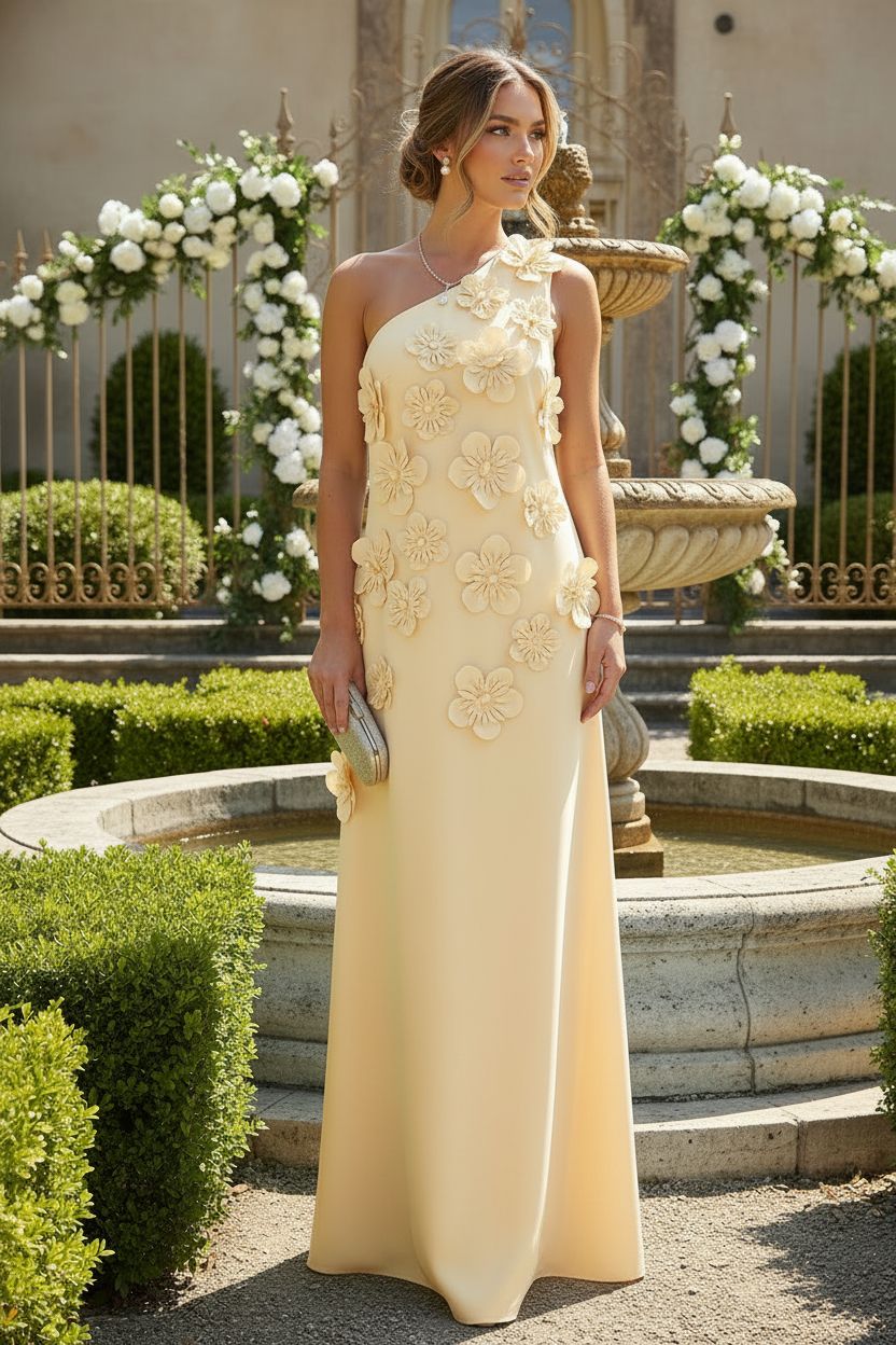 Column One Shoulder 3D Flowers Formal Dress
