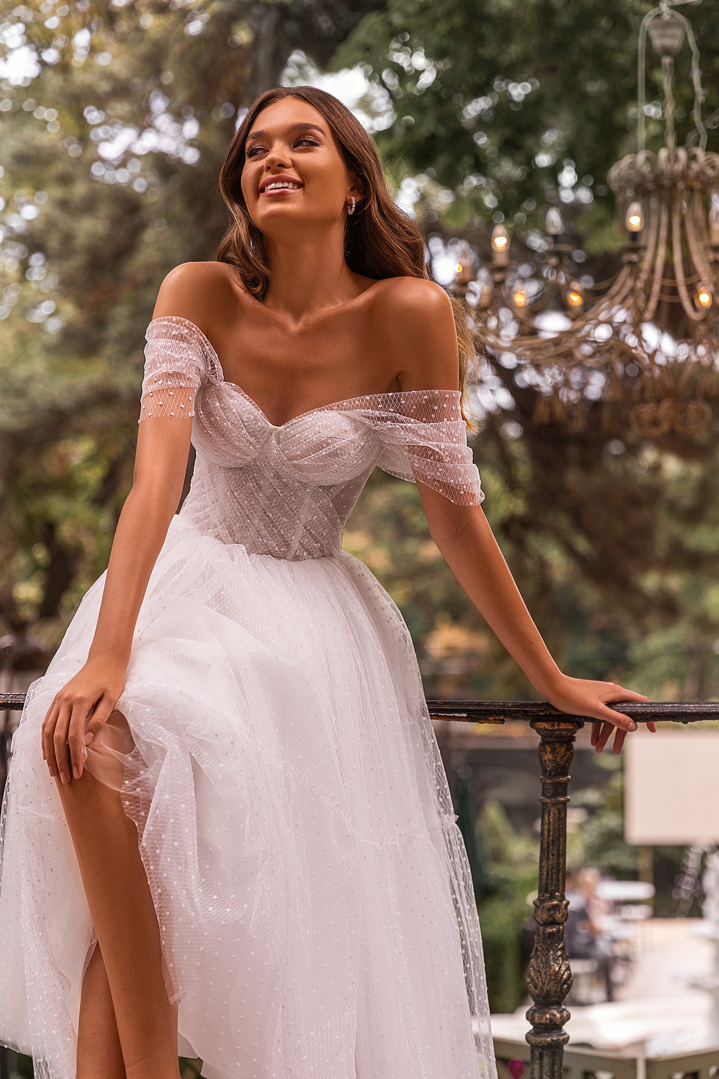 A-Line Off Shoulder Sleeveless Pleated Tea Length Tulle Wedding Dress