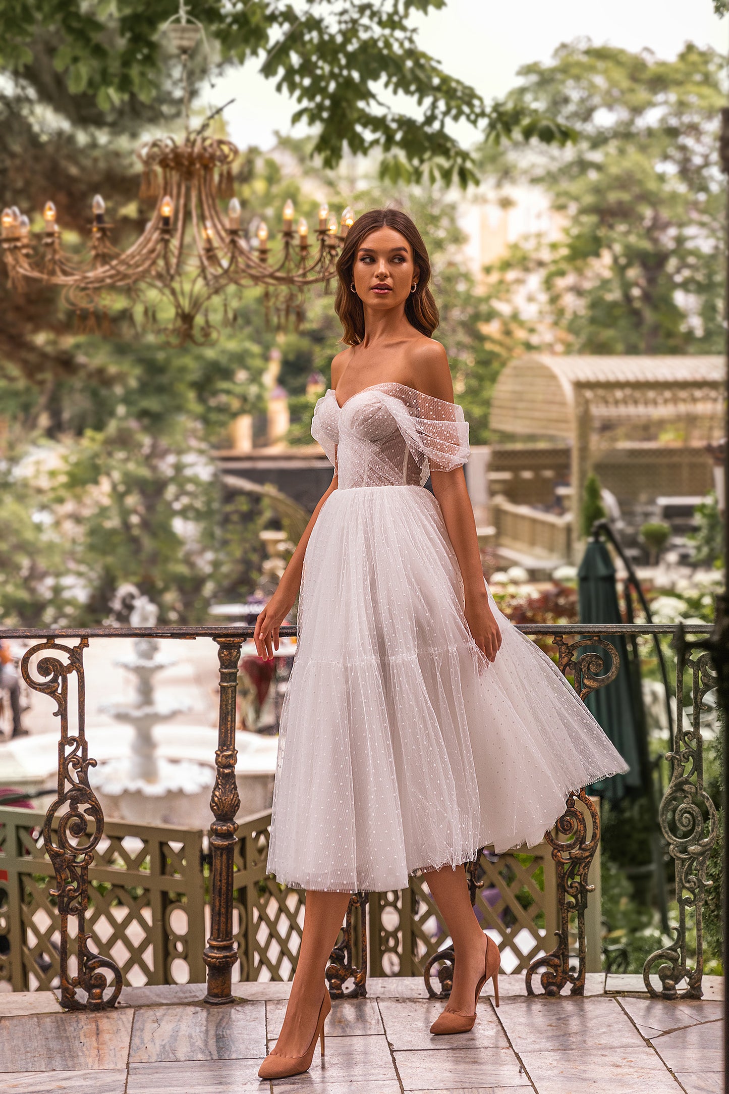 A-Line Off Shoulder Sleeveless Pleated Tea Length Tulle Wedding Dress