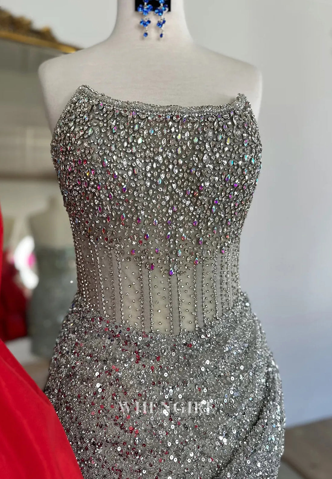 Sleeveless Strapless Side Slit Beaded Pleated Sheath Homecoming Dress