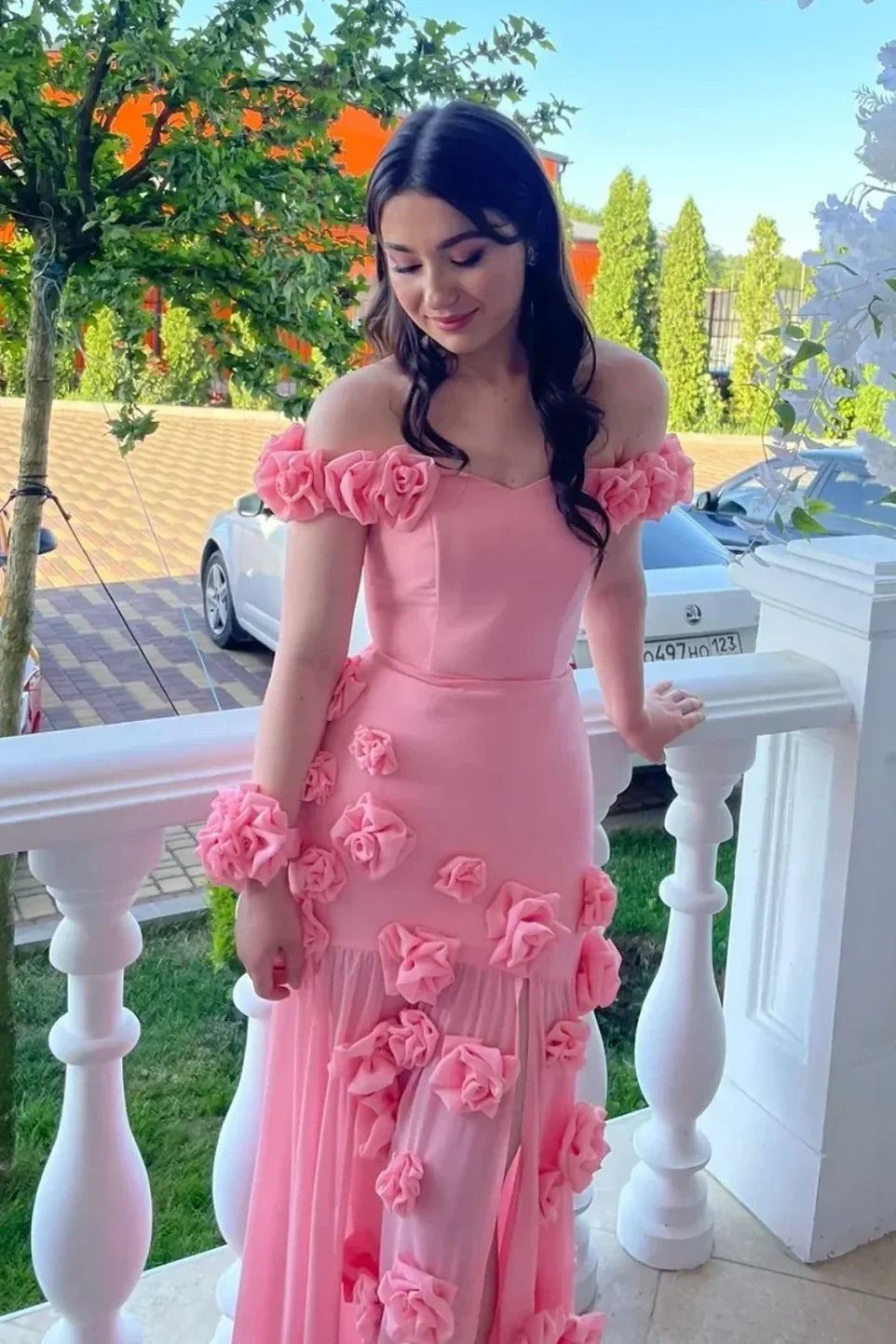 Gorgeous Mermaid Off the Shoulder Candy Pink Long Prom Dress with 3D Flowers