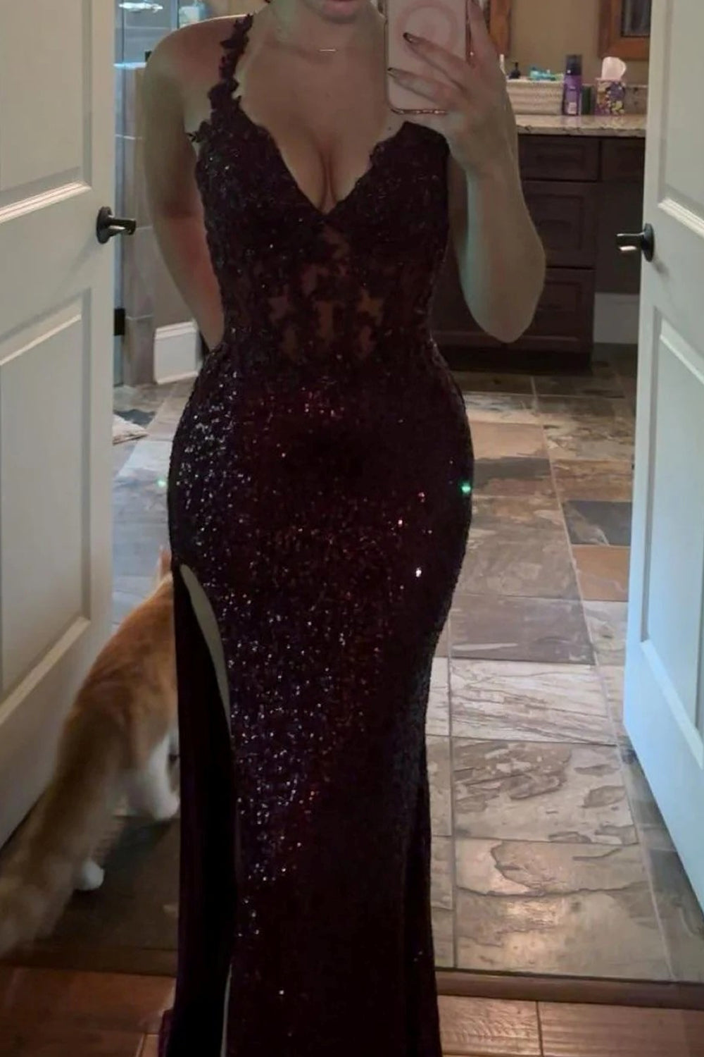 Grape Lace Applique Sequin Lace-Up Back Mermaid Shiny Prom Dresses