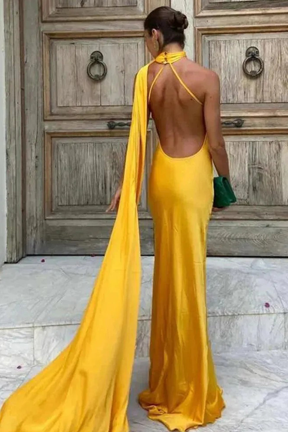 Green Elastic Satin Halter Shawl Mermaid Formal Dress