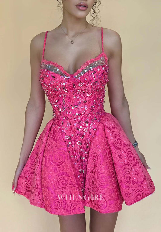 Fuchsia V Neck Spaghetti Straps Sleeveless Beaded Lace A-Line Short Homecoming Dress