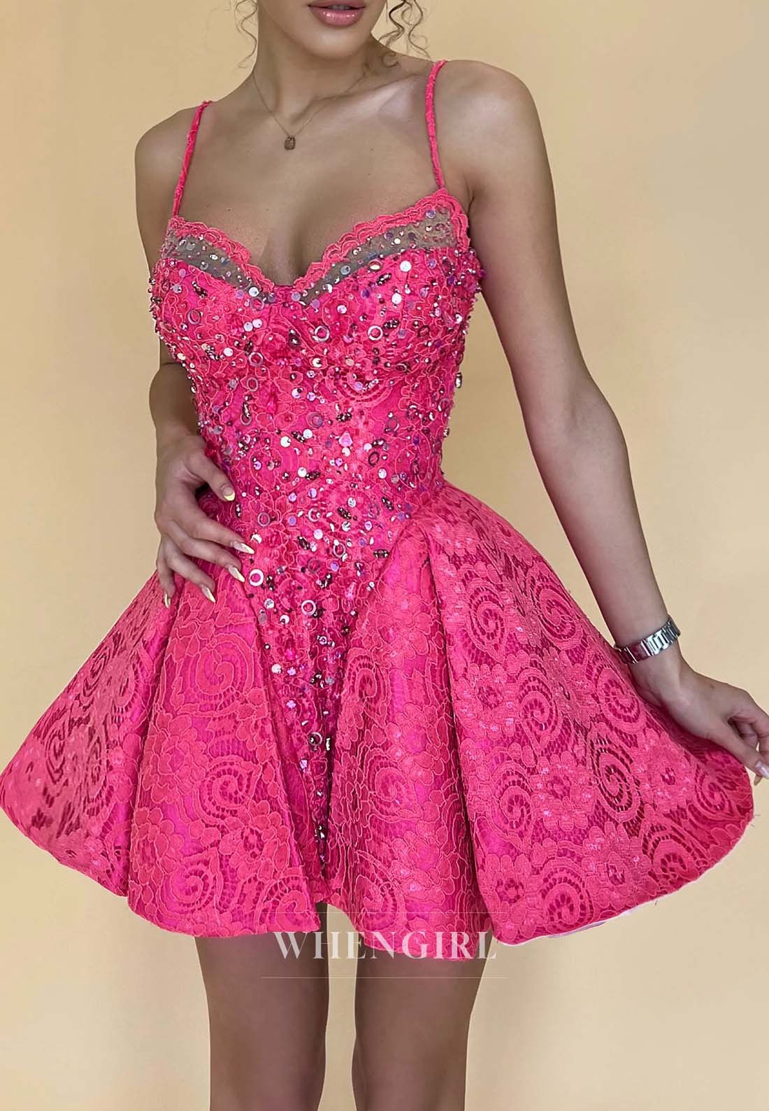 Fuchsia V Neck Spaghetti Straps Sleeveless Beaded Lace A-Line Short Homecoming Dress