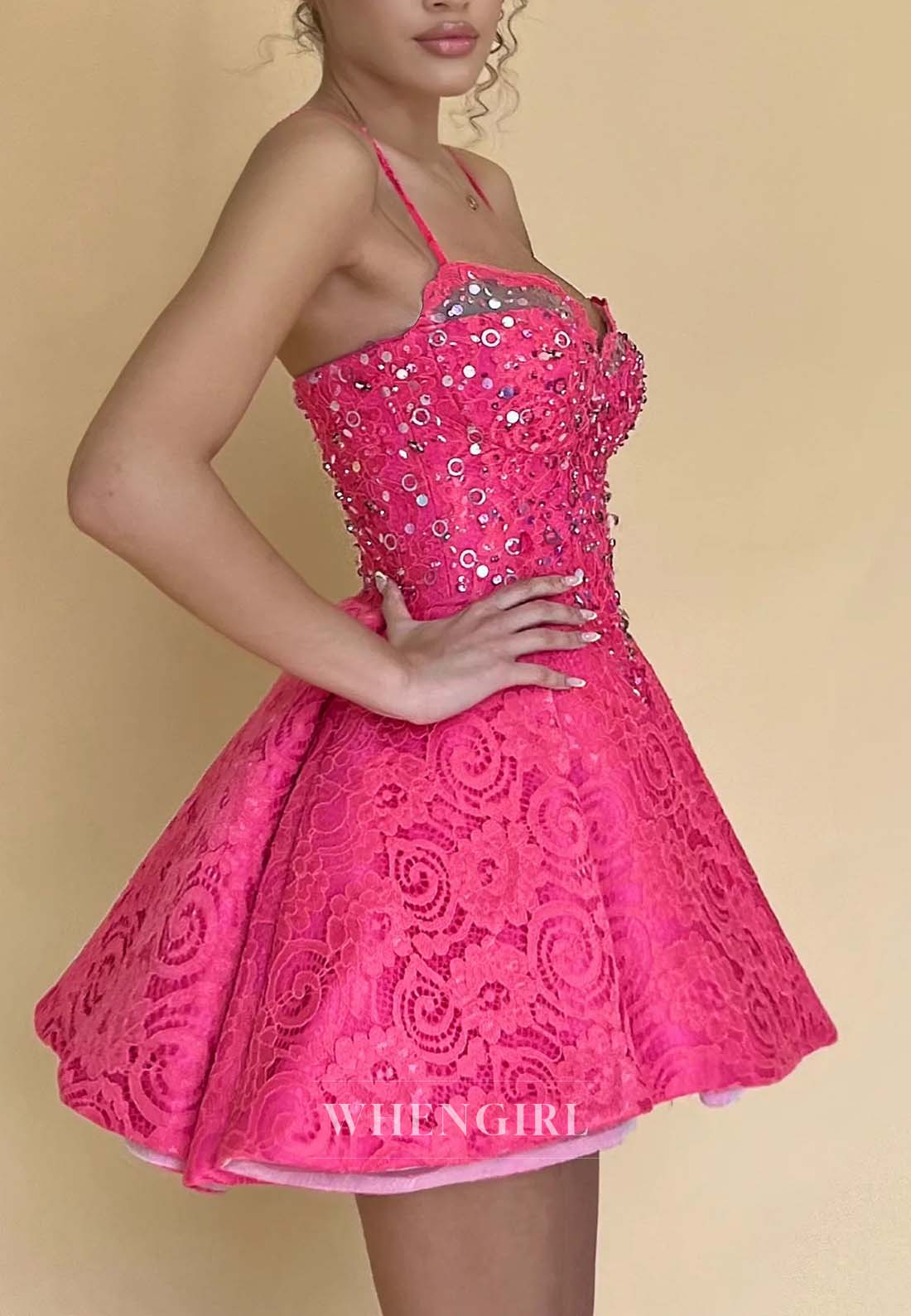Fuchsia V Neck Spaghetti Straps Sleeveless Beaded Lace A-Line Short Homecoming Dress