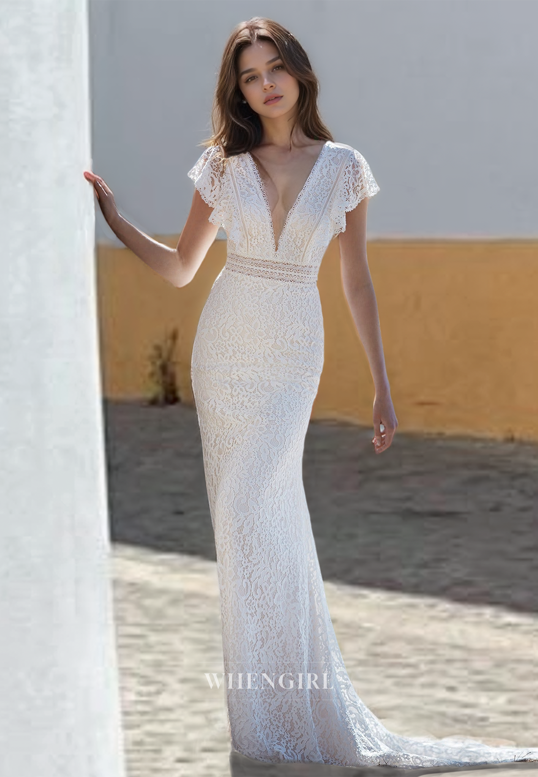 V-Neck Sheath Beach Wedding Dress Cap Sleeves Brush Train Lace Boho Go WhenGirl V-Neck Sheath Beach Wedding Dress Cap Sleeves Brush Train Lace Boho Go WhenGirl