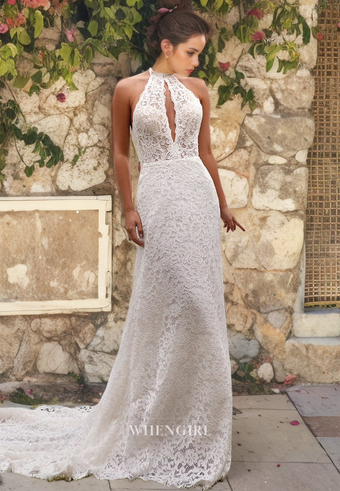 Asymmetrical Sleeveless Sweep Train Appliques Lace Sheath Bridal Gowns with Cut Outs Wedding Dress