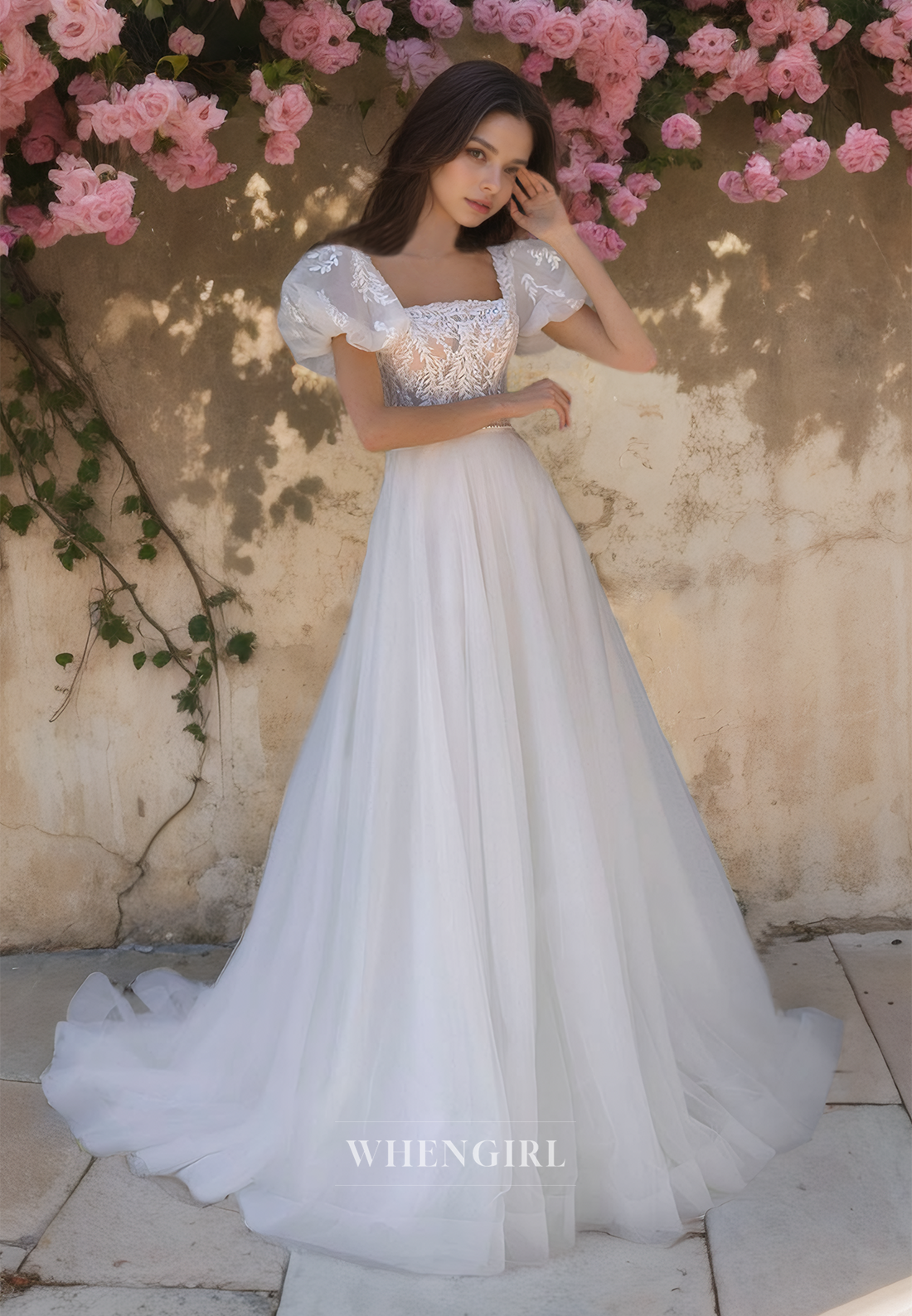 Square Neck A-Line Puff Sleeves Sweep Train Lace Beach Wedding Dress w WhenGirl Square Neck A-Line Puff Sleeves Sweep Train Lace Beach Wedding Dress w WhenGirl