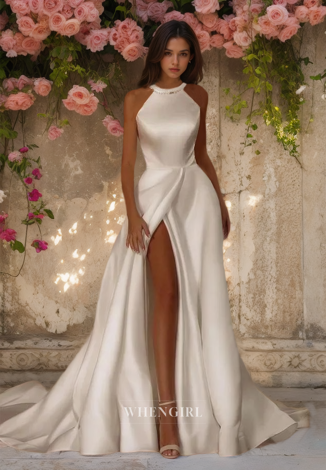 Halter Neck Sheath Wedding Dress Sleeveless High Split Satin Bridal Go WhenGirl Halter Neck Sheath Wedding Dress Sleeveless High Split Satin Bridal Go WhenGirl
