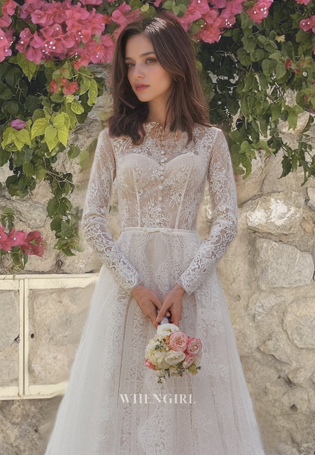 A-Line Sweetheart Long Sleeves Appliques Lace Wedding Dress with Sweep Train Bridal Gowns