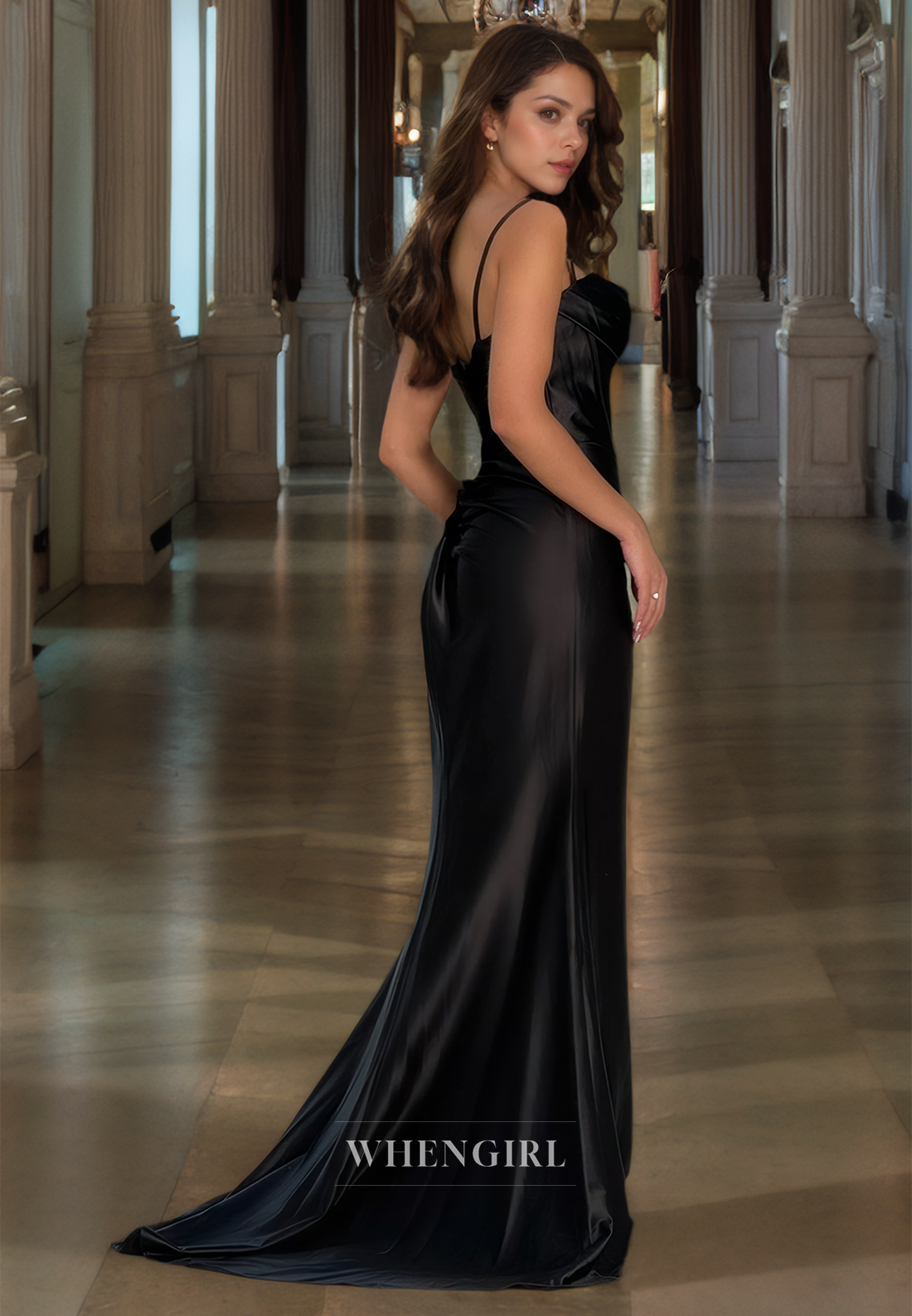 Spaghetti Straps Sweetheart Sheath Sweep Train Ruched Satin Prom Dress with Slit Party Dress