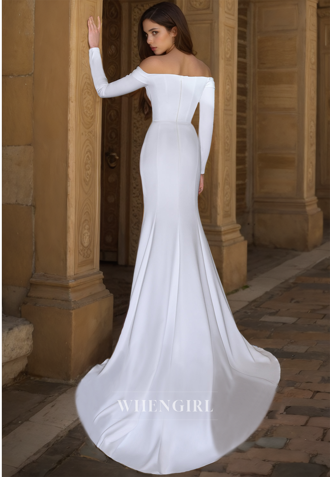 Beach Sweetheart Long Sleeves Wedding Dress Sheath Sweep Train Ruched Satin Boho Dress