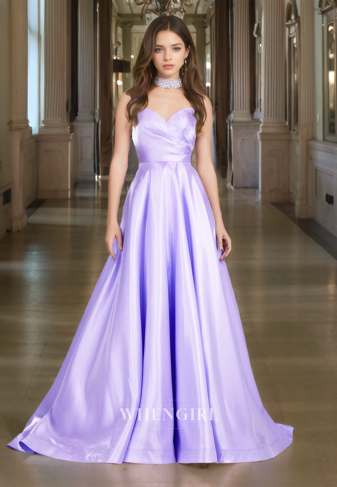 Classic & Modern A-Line Sweetheart Sleeveless Sweep Train Satin Prom Dress Party Dress with Pleats
